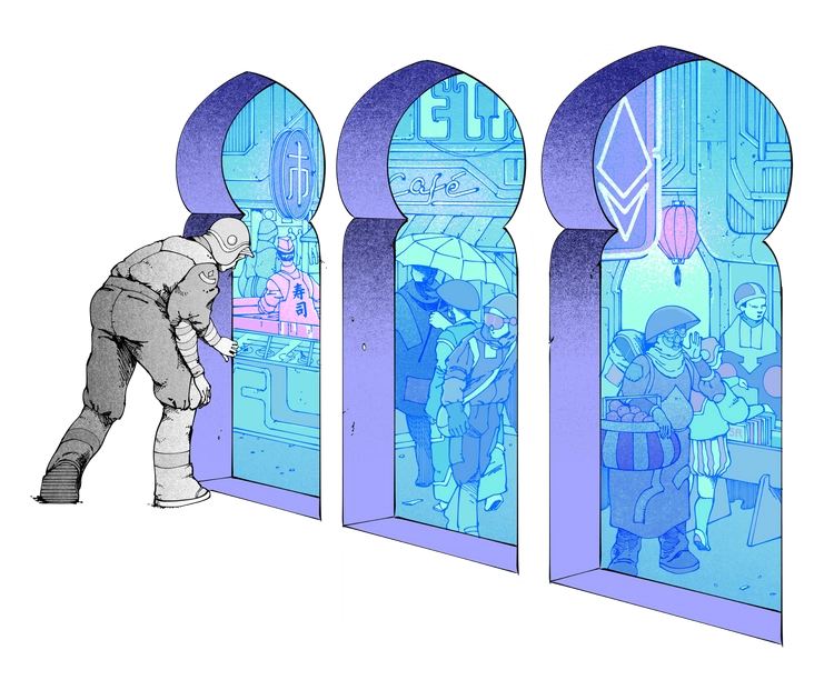 Illustration of a person peering into a bazaar, meant to represent Ethereum.